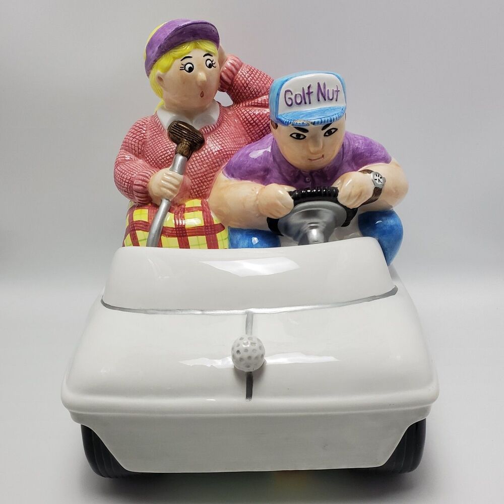 Vintage Lotus 1998 Golf Nut Ceramic Cookie Jar Couple In A Convertible Car